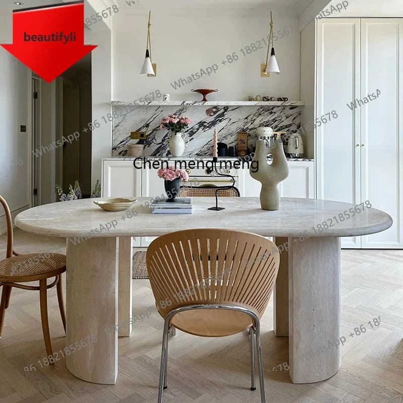 PP Wabi-sabi style natural travertine dining table round marble dining table luxury stone vintage round table