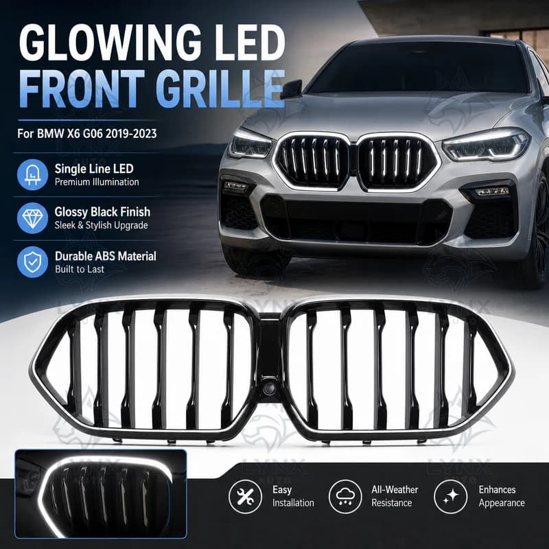 For BMW X6 G06 2019-2023 Single Line Glowing LED Front Bumper Grille Glossy Black with Lights Aftermarket Upgrade