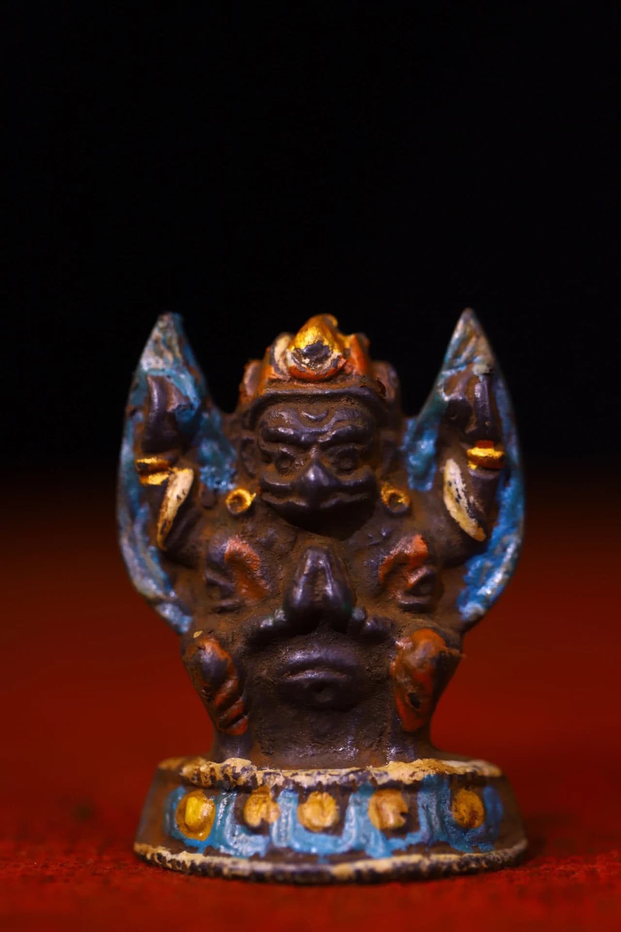 2"Tibetan Temple Collection Old Bronze Painted Cinnabar Garuda Dhwaja Buddha Card Protector Buddha Amulet Worship Hall