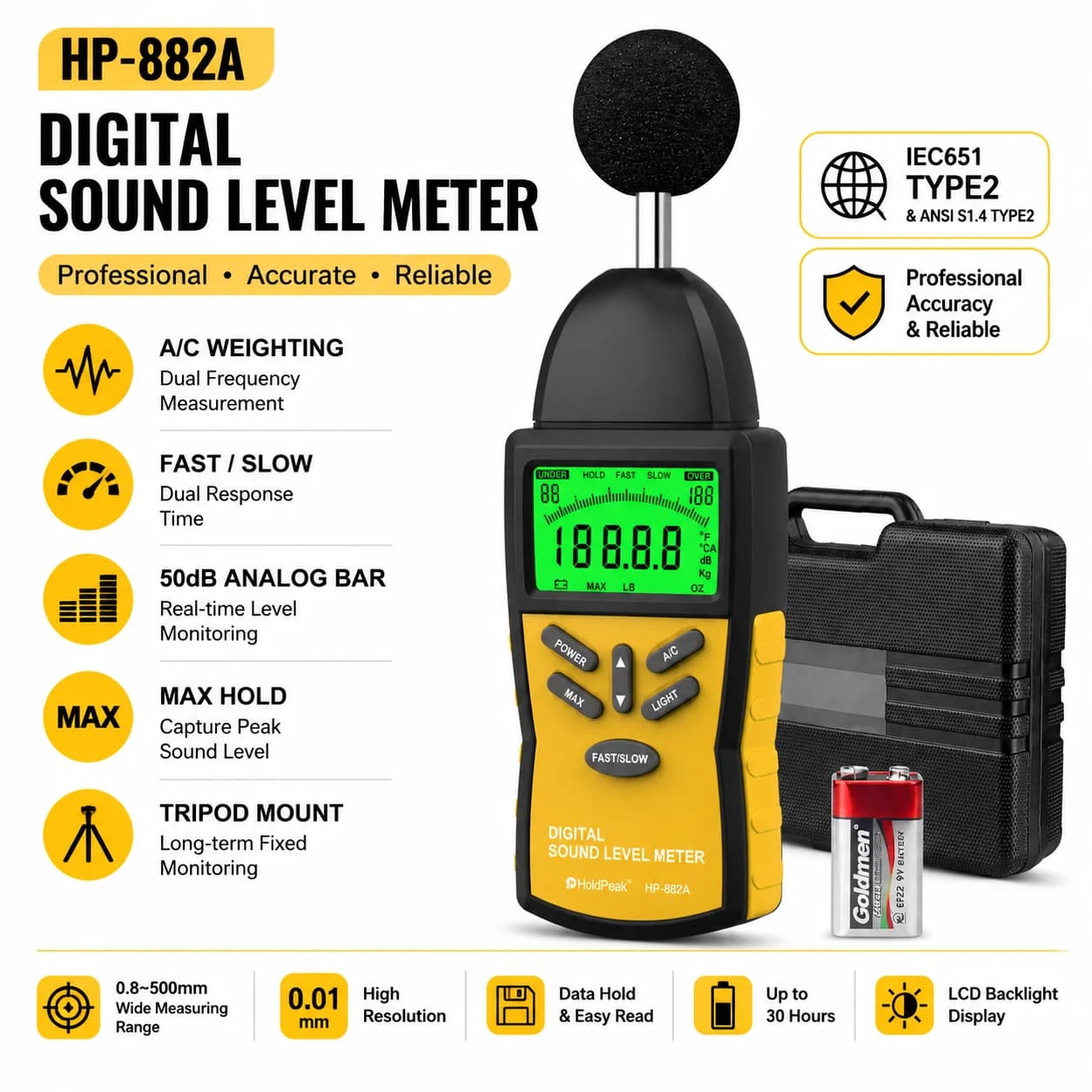 Decibel Meter HP-882A, Sound Level Meter 30-130dB with 5-Digit LCD Display, DBA/DBC Weighted Noise Meter, MAX/MIN & Data Hold