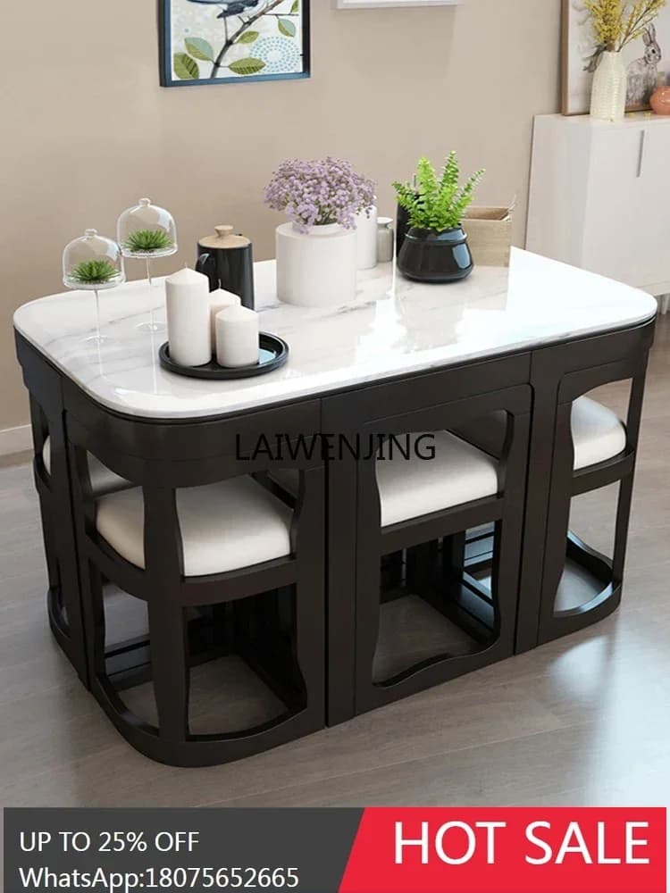 Nordic marble slate household solid wood dining table 6 people retractable dining table and chair combination