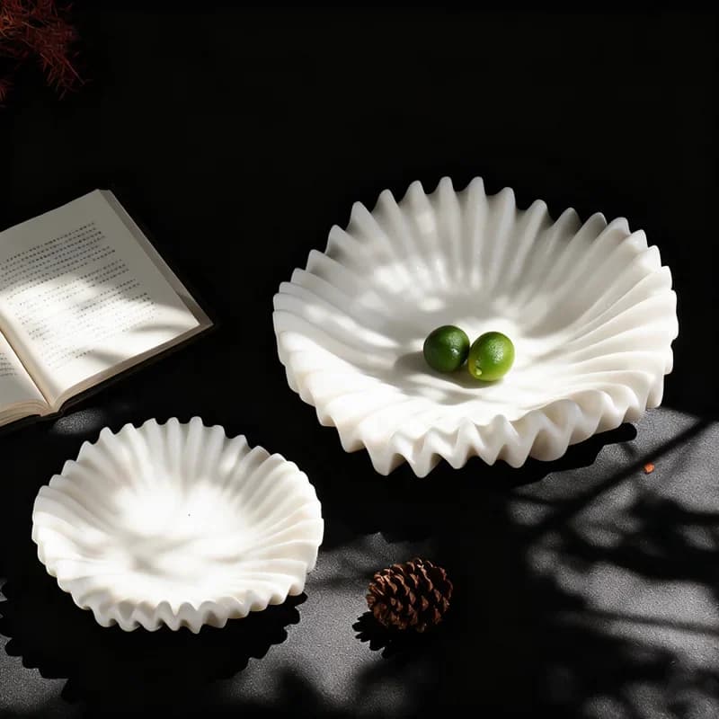 HandCrafted White Marble Ruffle Scalloped Dish for Key Ring Jewelry Decorative Fruit Bowl for Kitchen Counter and Entry Table
