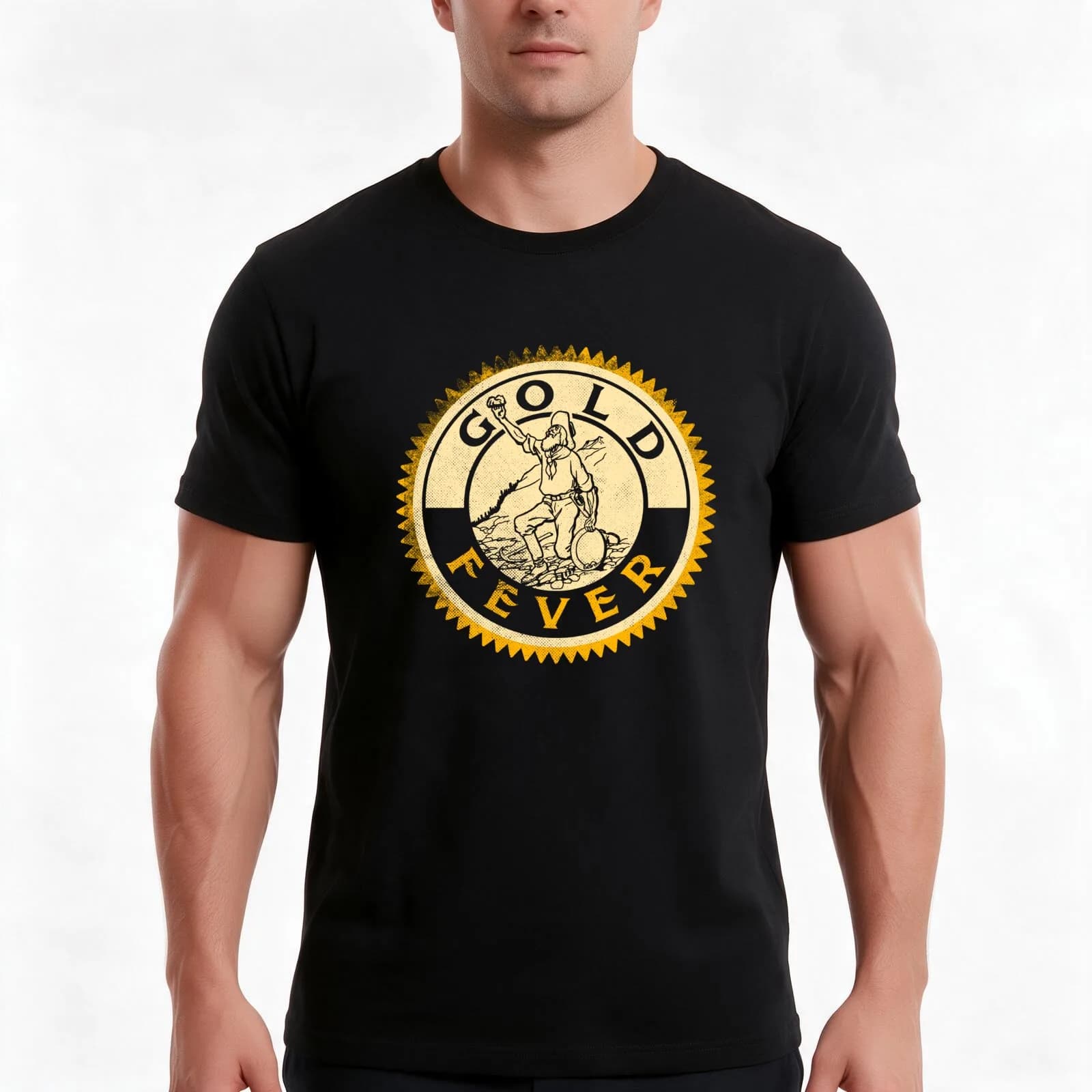 Gold Panning Design T-Shirt, Summer Casual Cotton Tee, Oversized Streetwear Tops, Vintage Graphic Print, Loose Fit Short Sleeve
