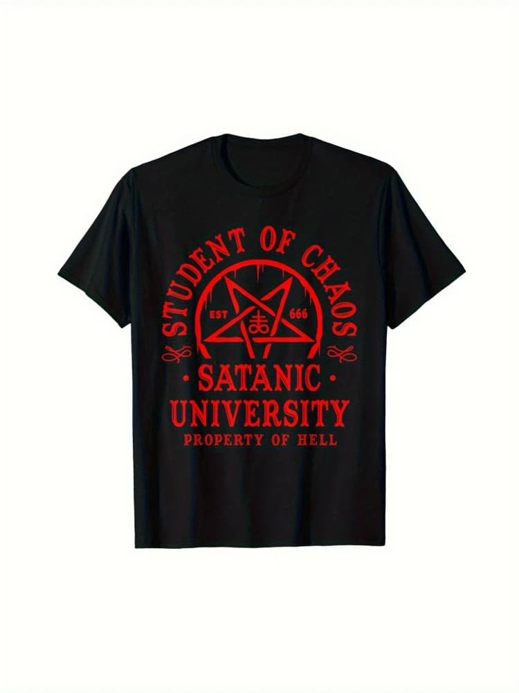 Gothic University Graphic with Red Pentagram Design-100% cotton summer O-neck short sleeve casual printed men's T-shirt.
