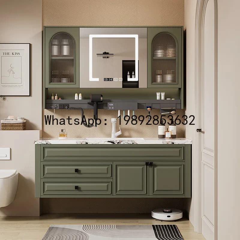 XL Bathroom Cabinet Set with Seamless Integrated Stone Basin, French Style Solid Wood Washbasin Cabinet