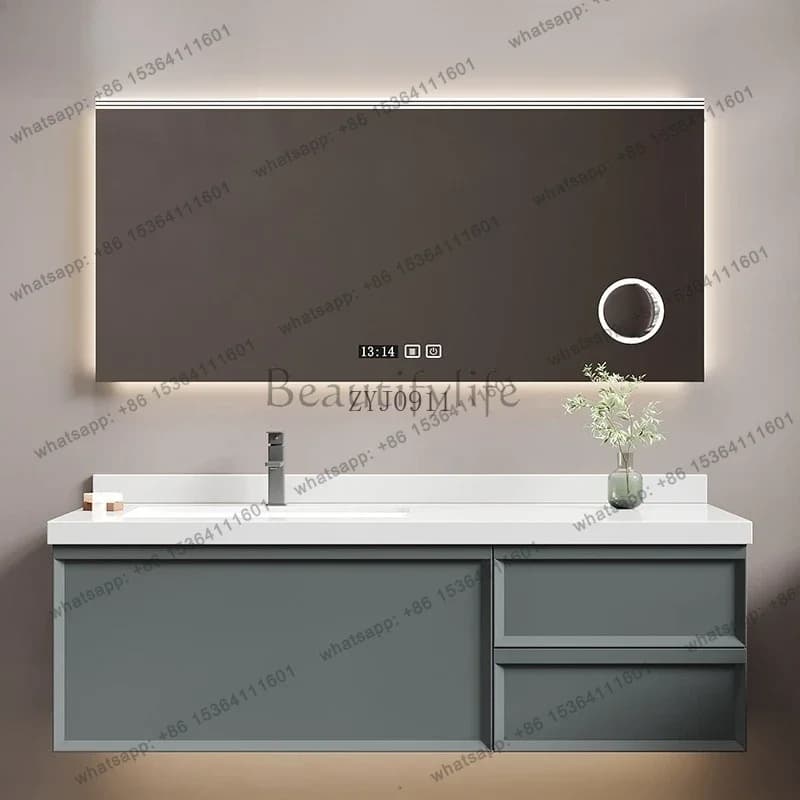Modern simple rock slab bathroom cabinet light luxury solid wood face wash hand basin cabinet combination