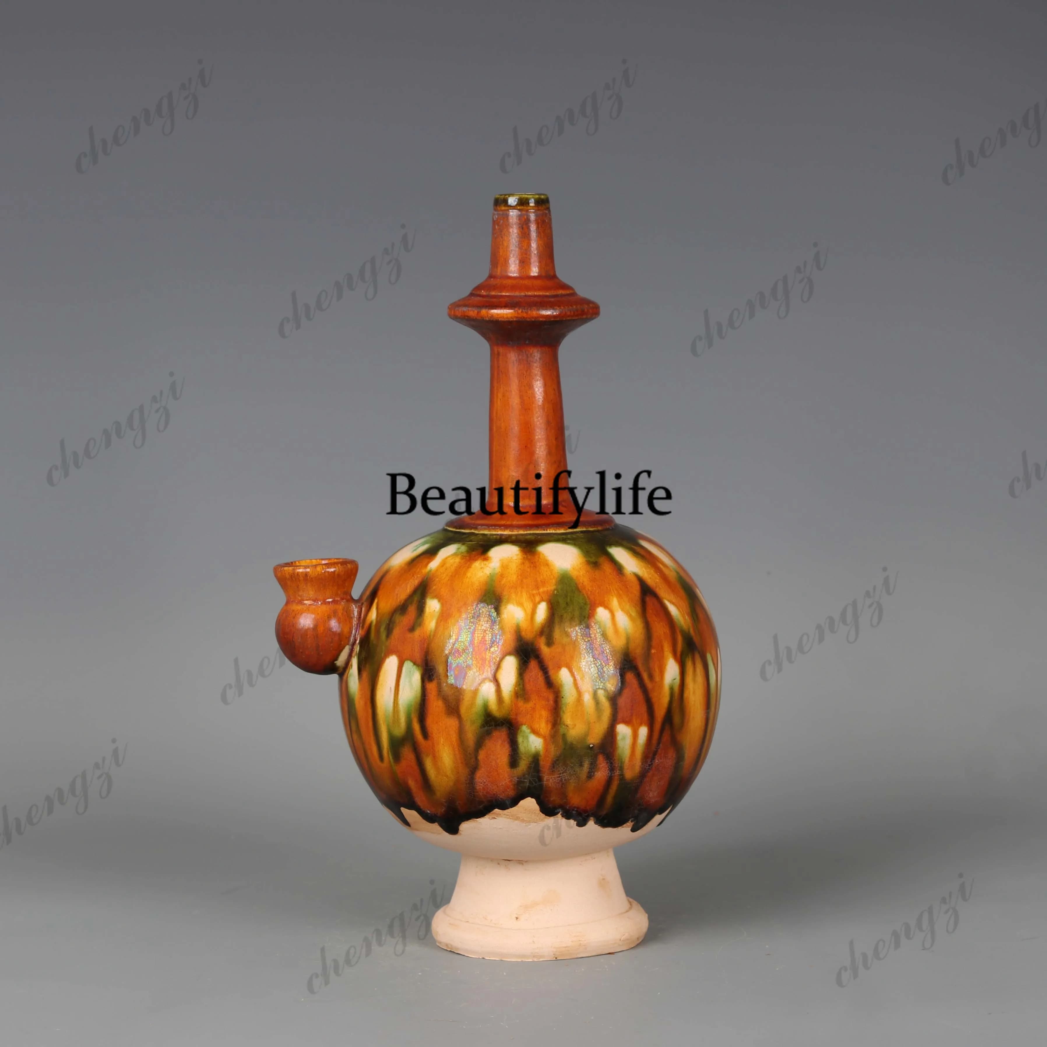 Three-color kiln-changed glaze net bottle retro study room tea room furnishings, collection ornaments
