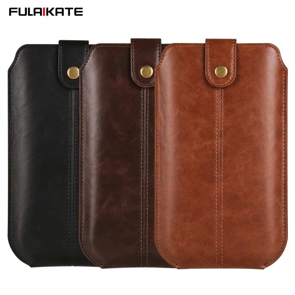 FULAIKATE Crazy Horse 6.1" 6.7" 7.2" Vertical Phone Bag for iPhone14 Plus Waist Pouch for Men's iPhone13 Pro Max Card Pocket
