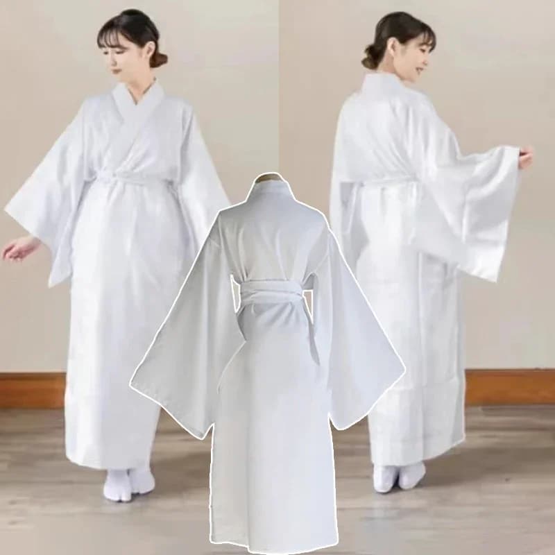 Women Men Japanese Classic Bathrobe Nightwear Yukata Gown White Kimono Lining With Belt Stage Performance Cosplay Kimono