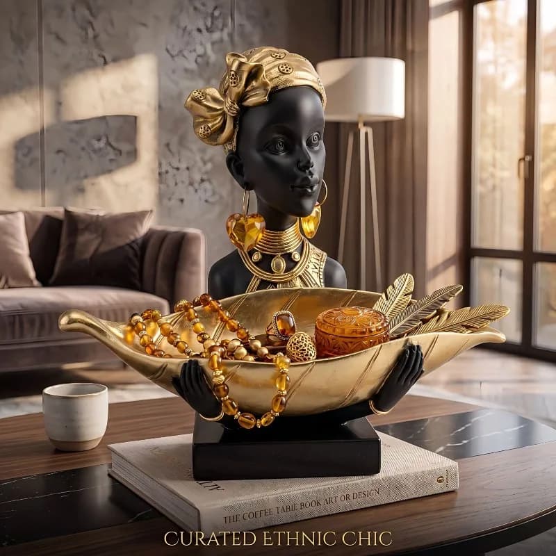 Storage of Resin Statues of African Tribal Art, Storage Trays, Gold and Black Sculptures, Entrance Table, Living Room Decoration