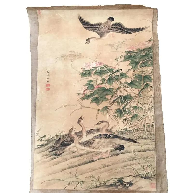 Chinese Old Scroll Painter's  Rice Paper Wall Painting Slice Qiu Jian's Hibiscus, Reed, and Wild Goose Picture