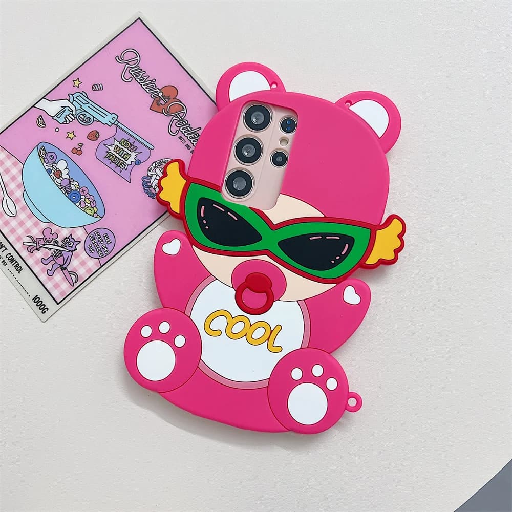 Y2K Cool Sunglasses Bear Bead Chain Phone Case for 17 Pro Max Crossbody Strap Cartoon 3D Soft Silicone Cover for iPhone 16 15 14