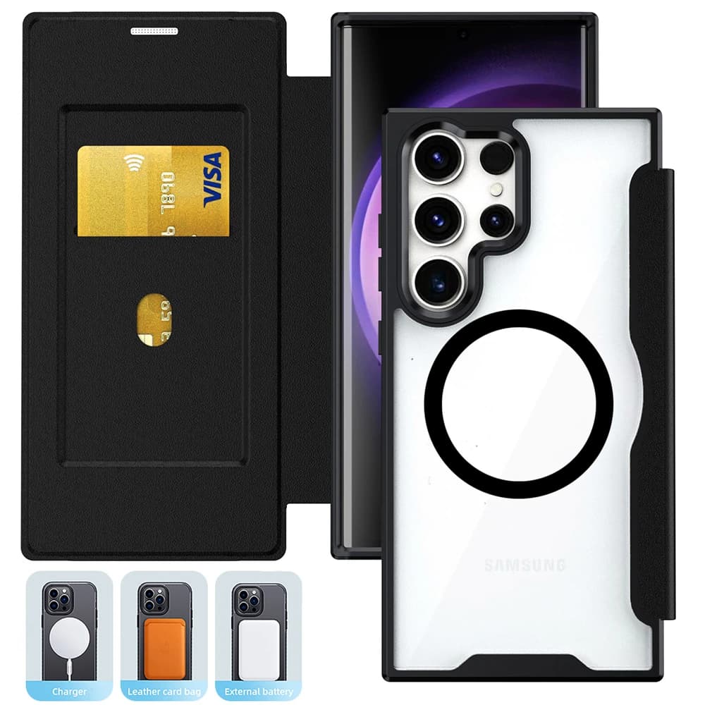 Luxury Clear TPU Base Magsafe Leather Case for Galaxy S25 Ultra S23 FE S24 Plus A13 A14 A24 A34 A54 Wireless Charging Flip Cover