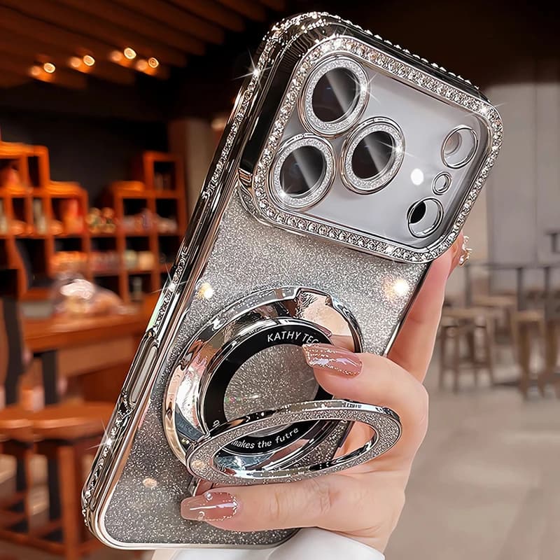 Plating For Magsafe Magnetic Stand Holder Rhinestones Case For iPhone 18 17 Pro Max Air 16 11 12 13 14 15 Plus Diamond Cover