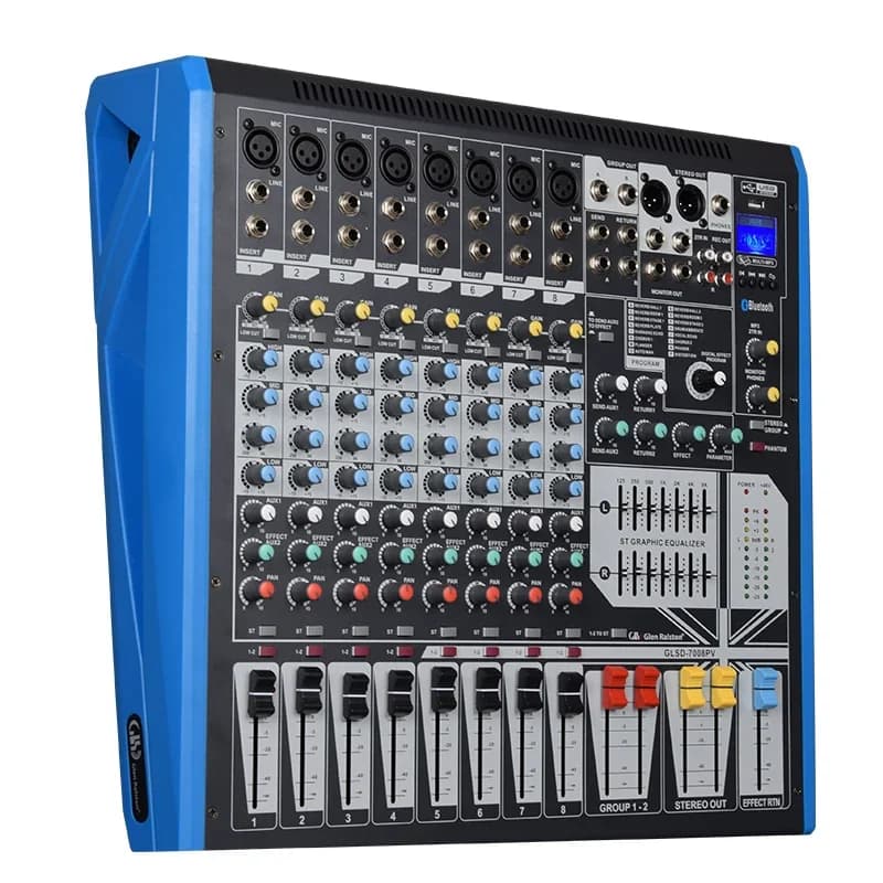 Professional 8-way, 12-channel, and 16-channel mixers with amplifiers