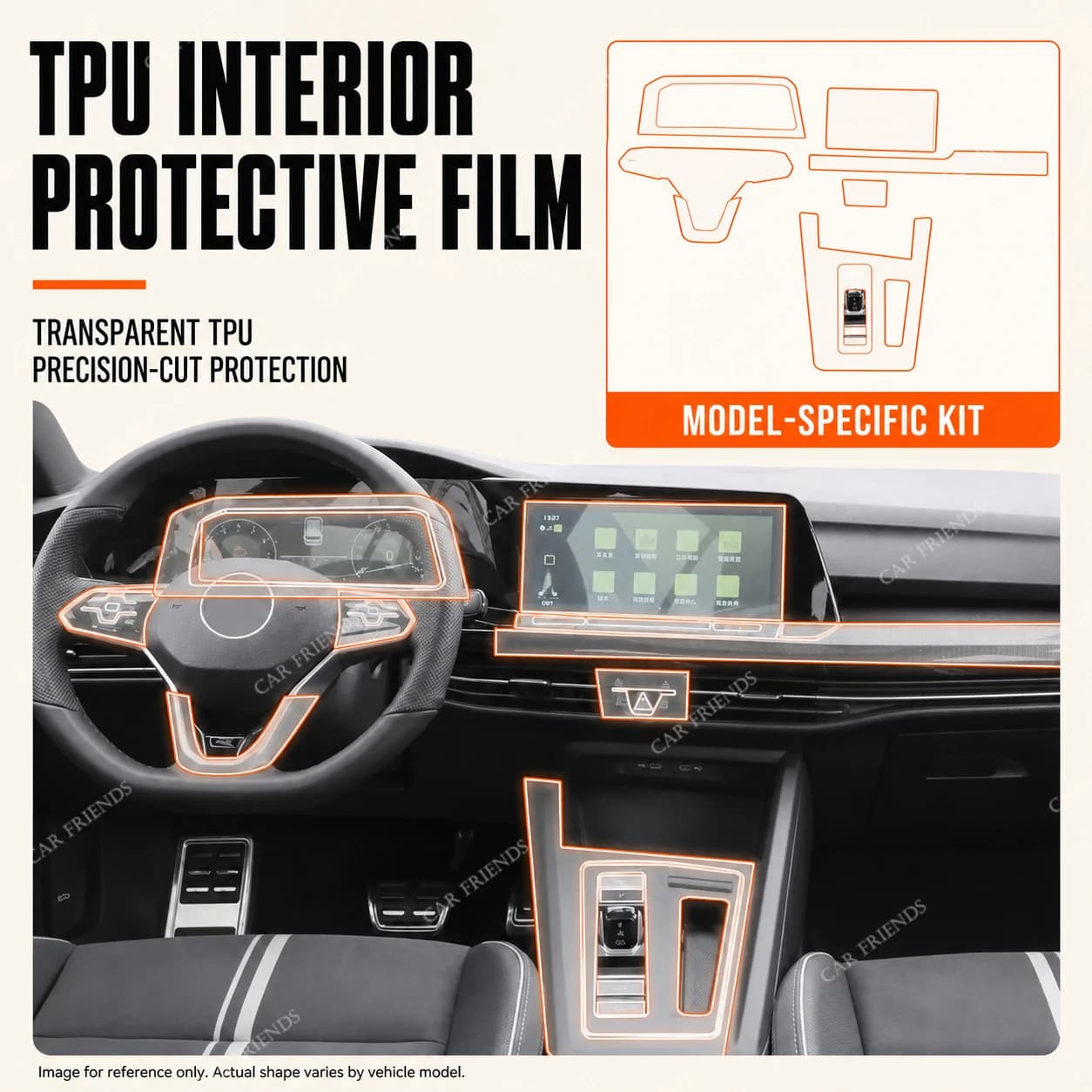 For Volkswagen Golf/GTI 2021-2023 Transparent TPU Interior Protective Film for Gear Panel and Navigation Screen