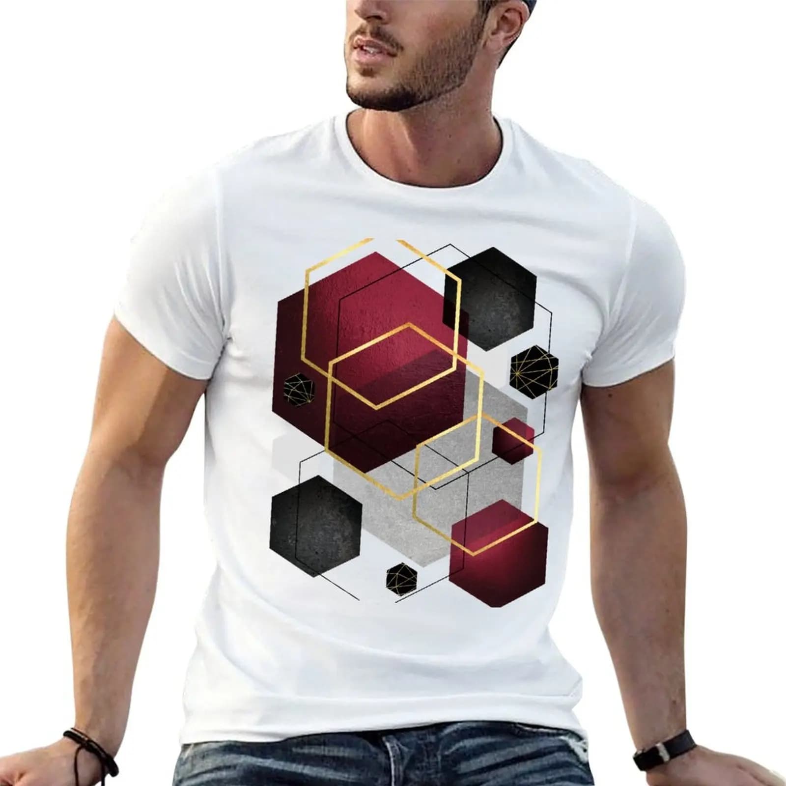 Geometric Hexagons in Red and Black T-Shirt summer tops basketball graphic tees mens big and tall t shirts
