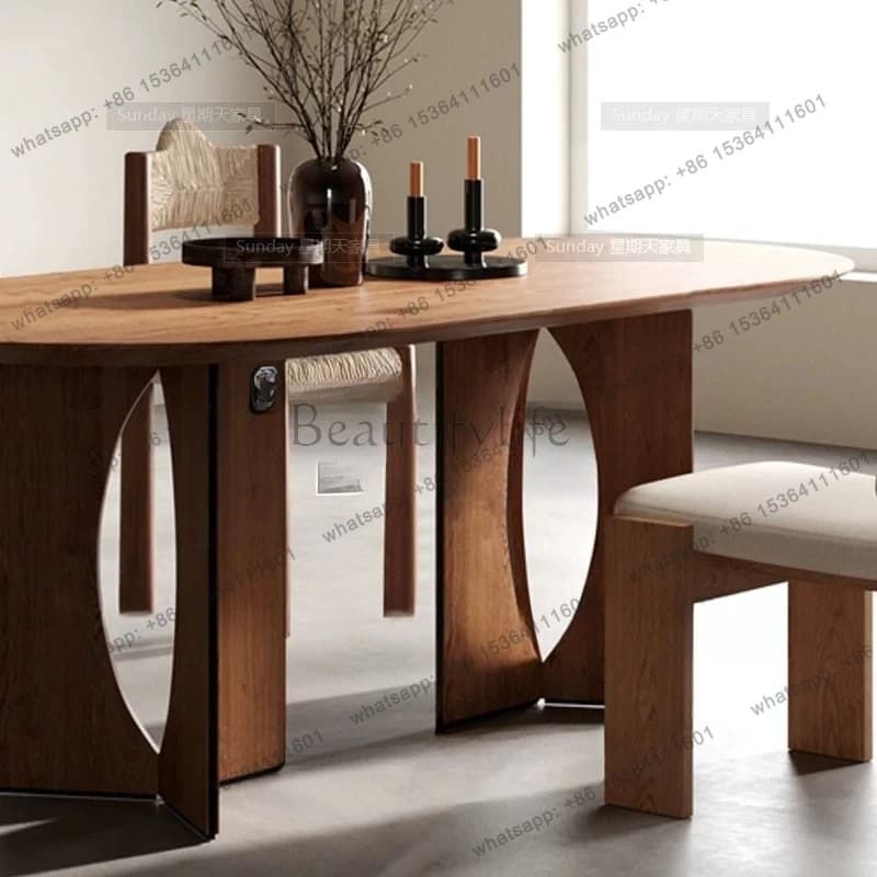 yj32 Solid wood wabi-sabi style log dining table vintage home oval used pre-fashioned dining table