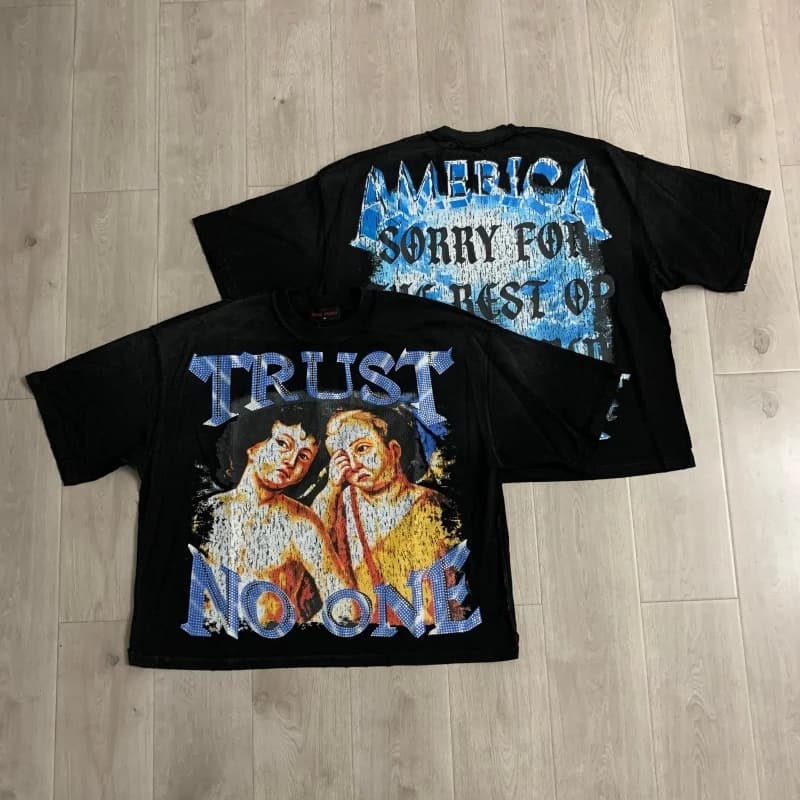 Rare Peace Trust No One Blue Baby High-Quality 100% Cotton Fashionable Oversized Loose-Fit Rhinestone Short-Sleeve T-Shirt