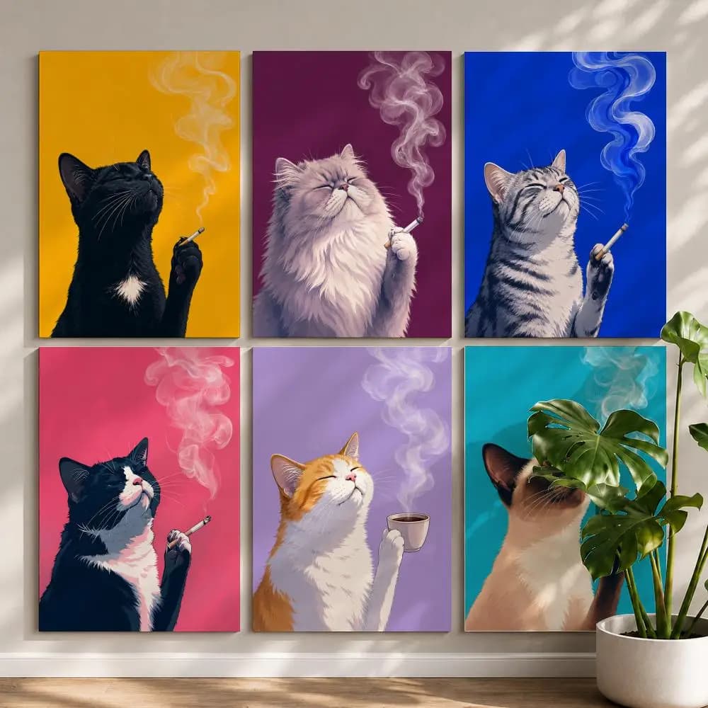Cool Smoking Cat Poster HD Self Adhesive Waterproof Wall Art Ideal for Home Office Dorm Bedroom Great Gift