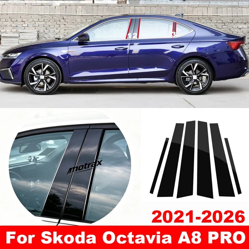 For Skoda Octavia A8 PRO 2021-2026 Car PC Bright Pillar Post Cover Door Trim Window Molding Sticker Decoration Accessories
