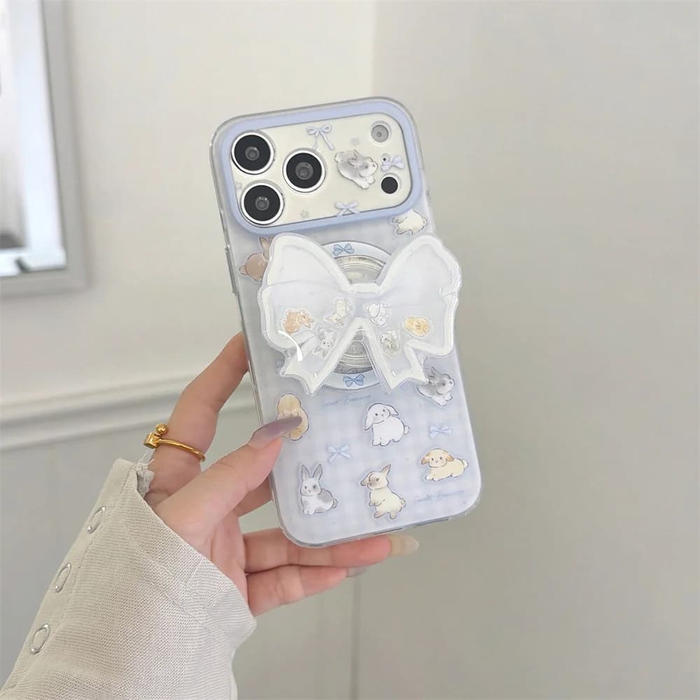 Korea Ins Rabbit Butterfly Magnetic Phone Case For iPhone 18 Pro 15 16 17 Pro Max Cover Shockproof Cute Cases with stand 18pro