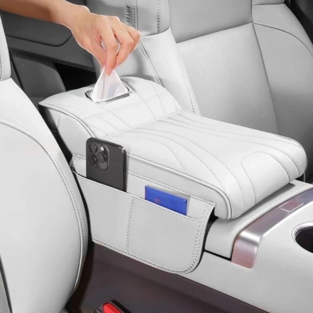 2026 New Universal Car Armrest Booster Pad with Storage Pocket Memory Foam Leather Auto Center Console Cushion Black