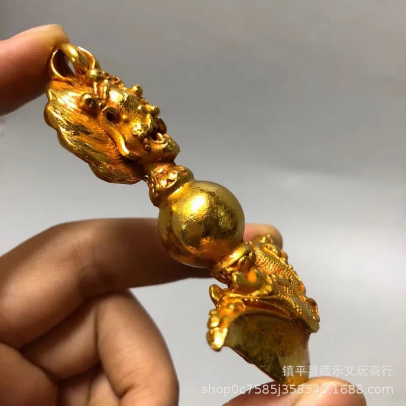 Antique Tibetan Tantric - scepter, craft item, human-faced , gold-plated dragon head vajra, decorative piec