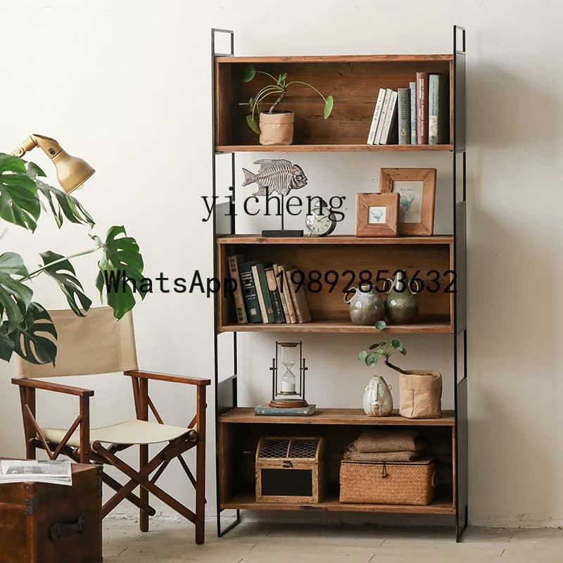 CC Old Pine Wood Three-Drawer Wall-Mounted Homestay Wabi-Sabi Style Display Cabinet Iron Frame Solid Wood Display Cabinet