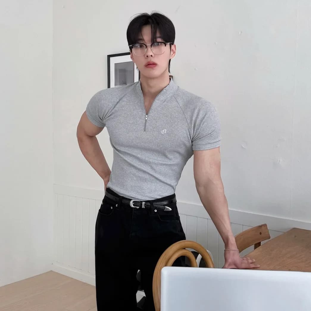 2026 Summer Men Textured Embroidery Half Zip Short Sleeve T Shirt Slim Fit Casual Korean Mature Style Gym Sports Short Top Daily
