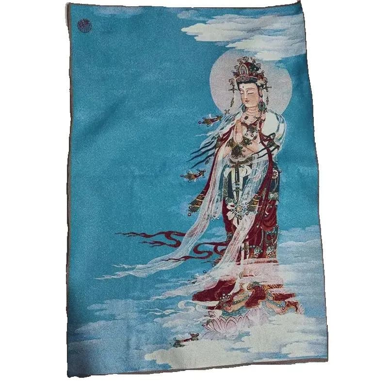 Chinese Old Brocade Embroidery Tangka, Wall Painting, Nanhai Guanyin Buddha Statue