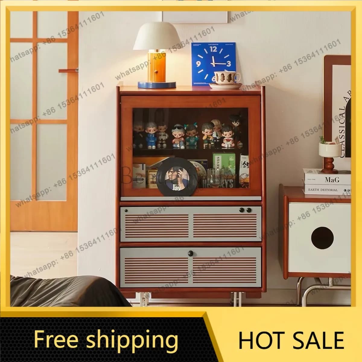 FG antique household solid wood glass bucket cabinet retro living room floor-to-wall storage locker