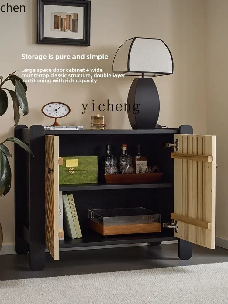 ZML Light Sandalwood Solid Wood Side Cabinet Living Room Wall Sofa Side Table Integrated Storage Cabinet