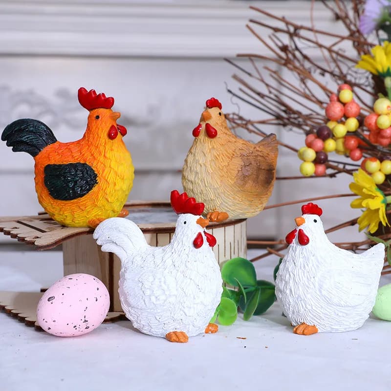 2Pcs Miniature Resin Chicken Figures Ornaments For Easter Farmhouse Home Decoration And Collectible Display Indoor/Outdoor Decor