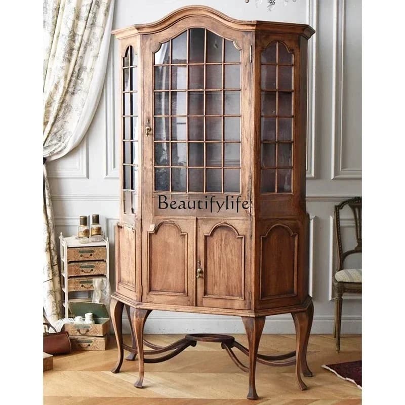 LXRetro French retro solid wood dining side cabinet, antique glass door storage wine cabinetSSS