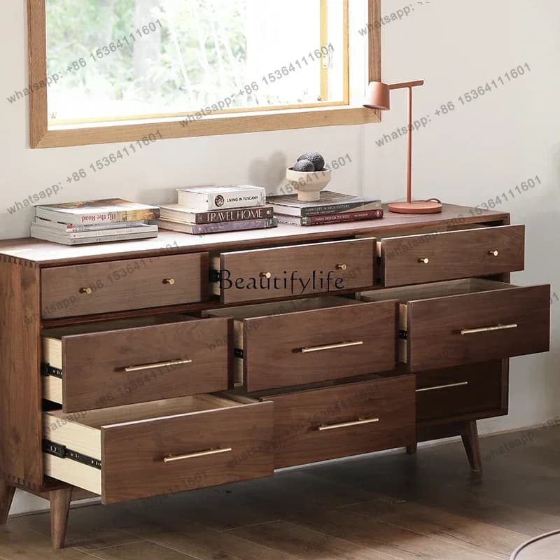 Customization Nordic Solid Wood Chest Of Drawers Japanese-Style Storage Cabinet Black Walnut Bedroom Storage
