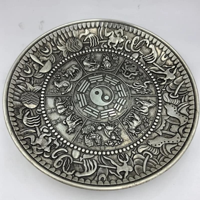 Ancient Crafts Twelve Zodiac Silver Plate with Base Nine Sons True Dragon 18cm Silver Plate Collectible Ornament