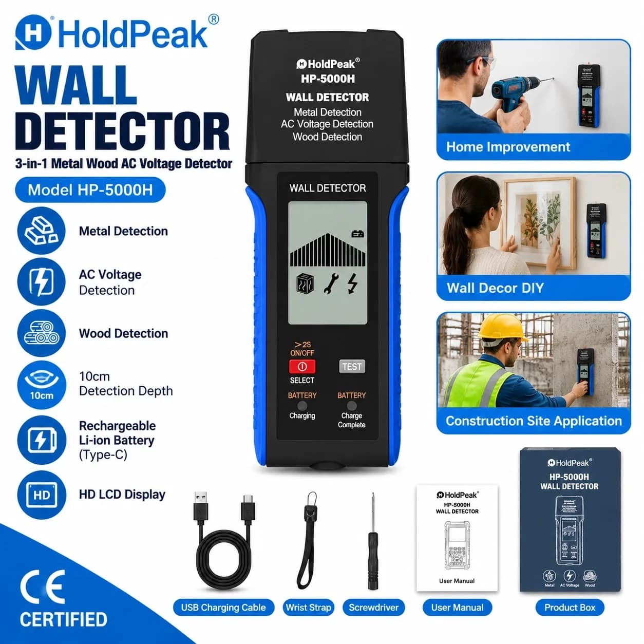 HoldPeak 3 in 1 Wall Detector Metal Wood AC Wire Scanner Stud Finder Rechargeable LCD for Home DIY Construction & Repair