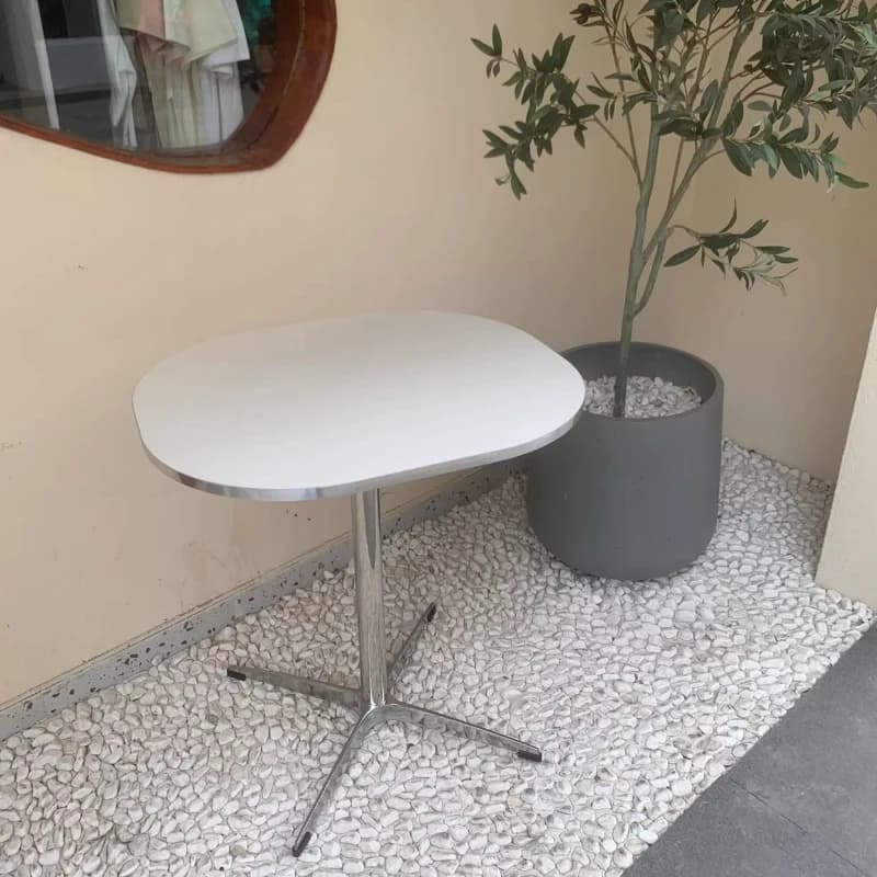 Mid-Century Solid Wood Dining Table Stainless Steel Coffee Tables Korean Oval Coffee Desk Home Office Workstation for Bedroom