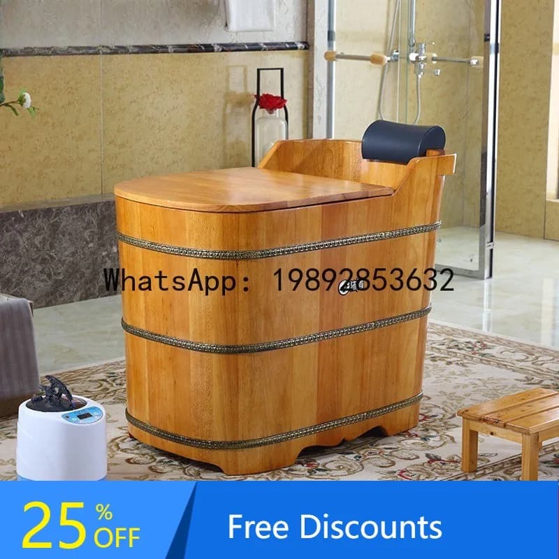 CZ Small Apartment Elevated Bath Wooden Bucket Full Body Bath Bucket Adult Solid Wood Bucket Bath with Lid