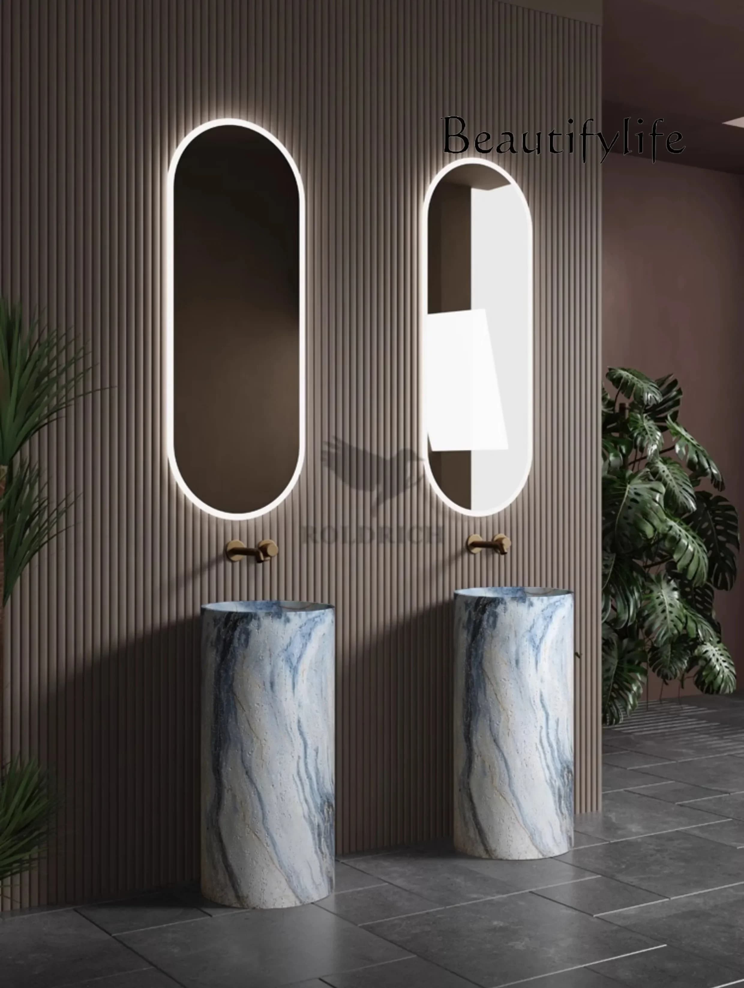 R FKMedieval Beige Travertine Marble Round Integrated Molding Floor-to-ceiling Small Apartment Household Column Basin