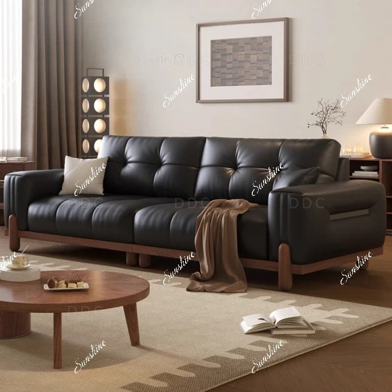 Solid wood black living room retro inline leather sofa high-end small apartment