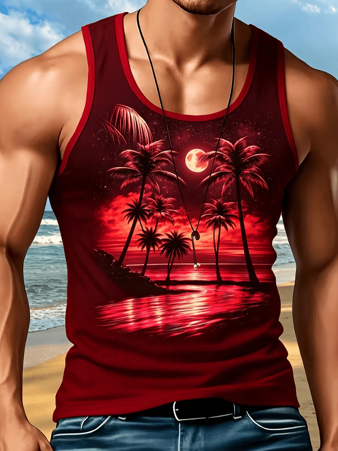 Men's Red Tropical Palm Tree Full Moon Beach Graphic Tank Top, Sleeveless Muscle Vest Summer Holiday Casual Workout Tank Shirt