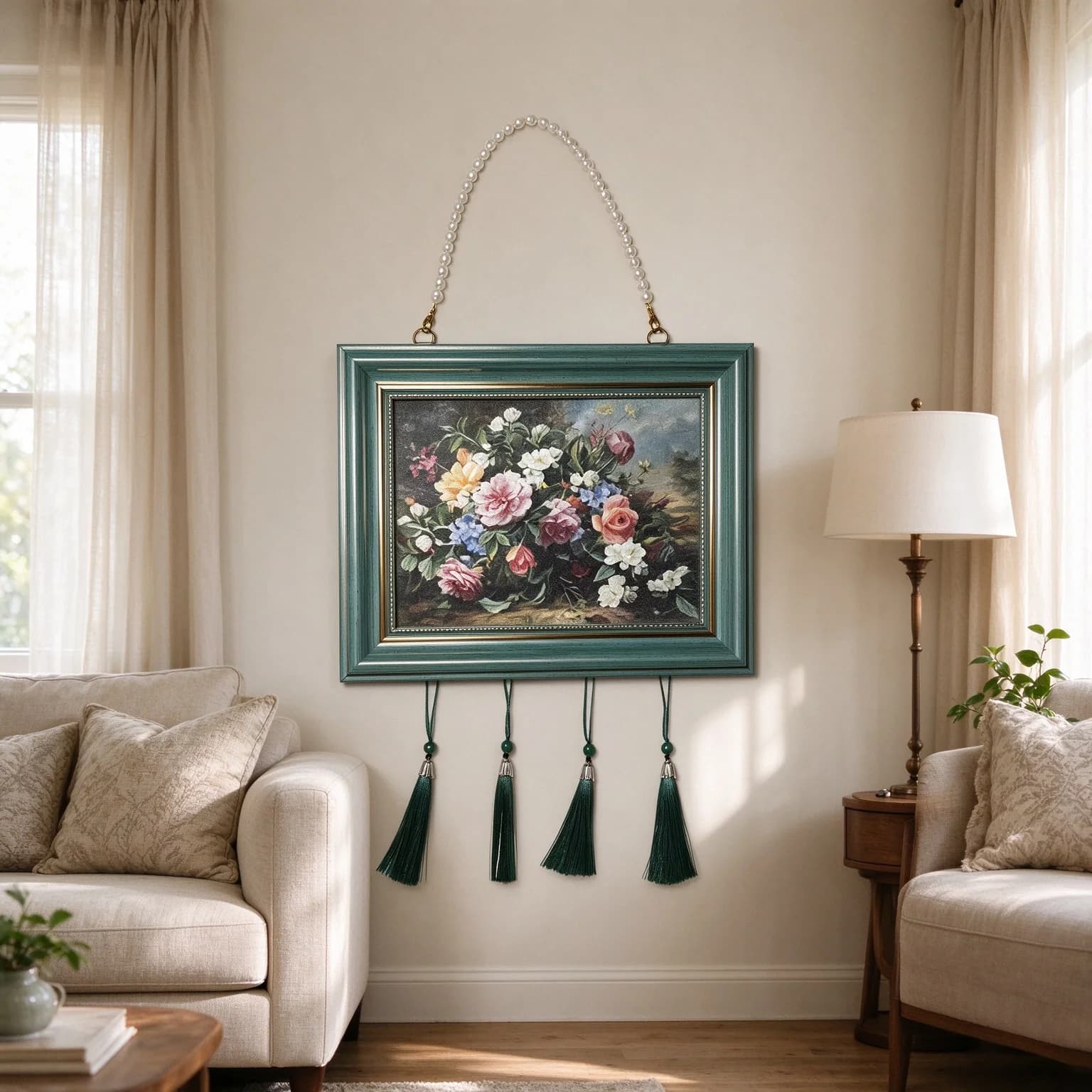 Vintage Green Wall Hanging Picture Frame with Pearl Chain & Tassel Wall‑Mounted Decorative Frame Retro Home Wall Art Ornament