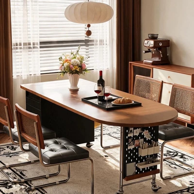 French retro oval movable solid wood dining table and chair combination household large-capacity storage dining table