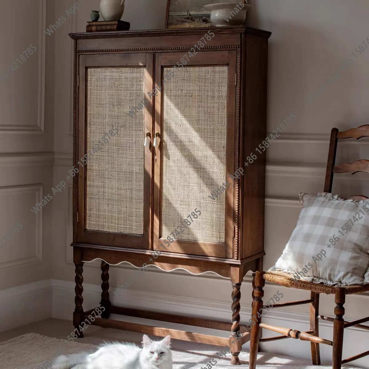 French retro solid wood rattan knitted dining side antique living room storage side cabinet bedroom storage foyer entrance