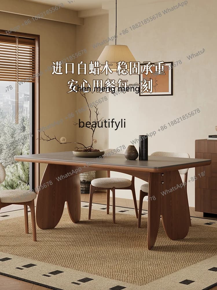 Nordic Solid Wood Matte Rock Slab Dining Table and Chair Set for Living Room Small Apartment, Rectangular Simple Dining Table