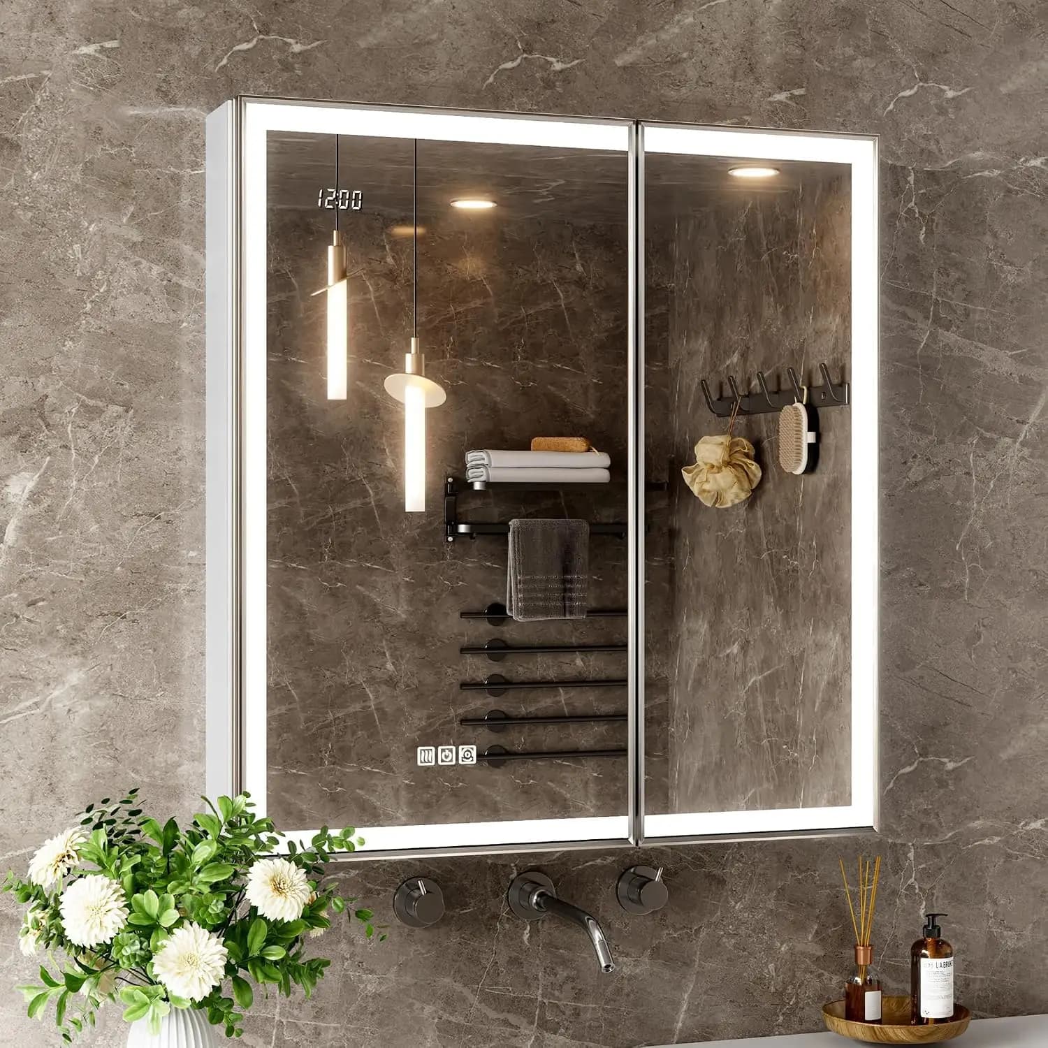 Lighted Aluminum Bathroom Cabinet, Surface or Recessed Mount, Dimmable 3 Color Temp, Defog, Outlet, Clock, Sensor Inner Light