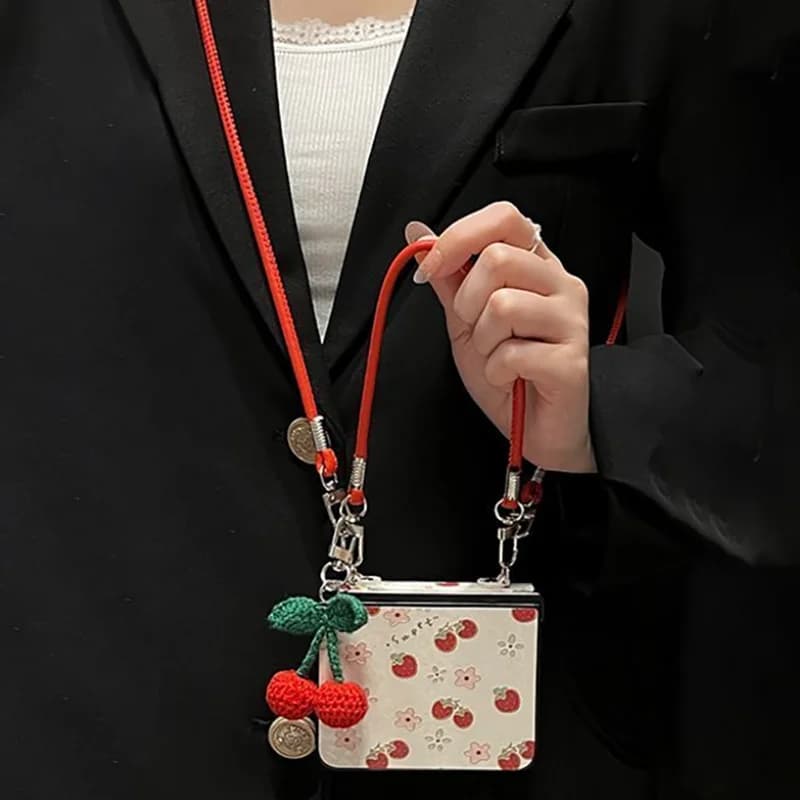For Samsung Z Flip7 Flip6 Case Cute Strawberry Pattern Leather Phone Case For Galaxy Z Flip7 6 5 Cases With Knit Cherry Pendant