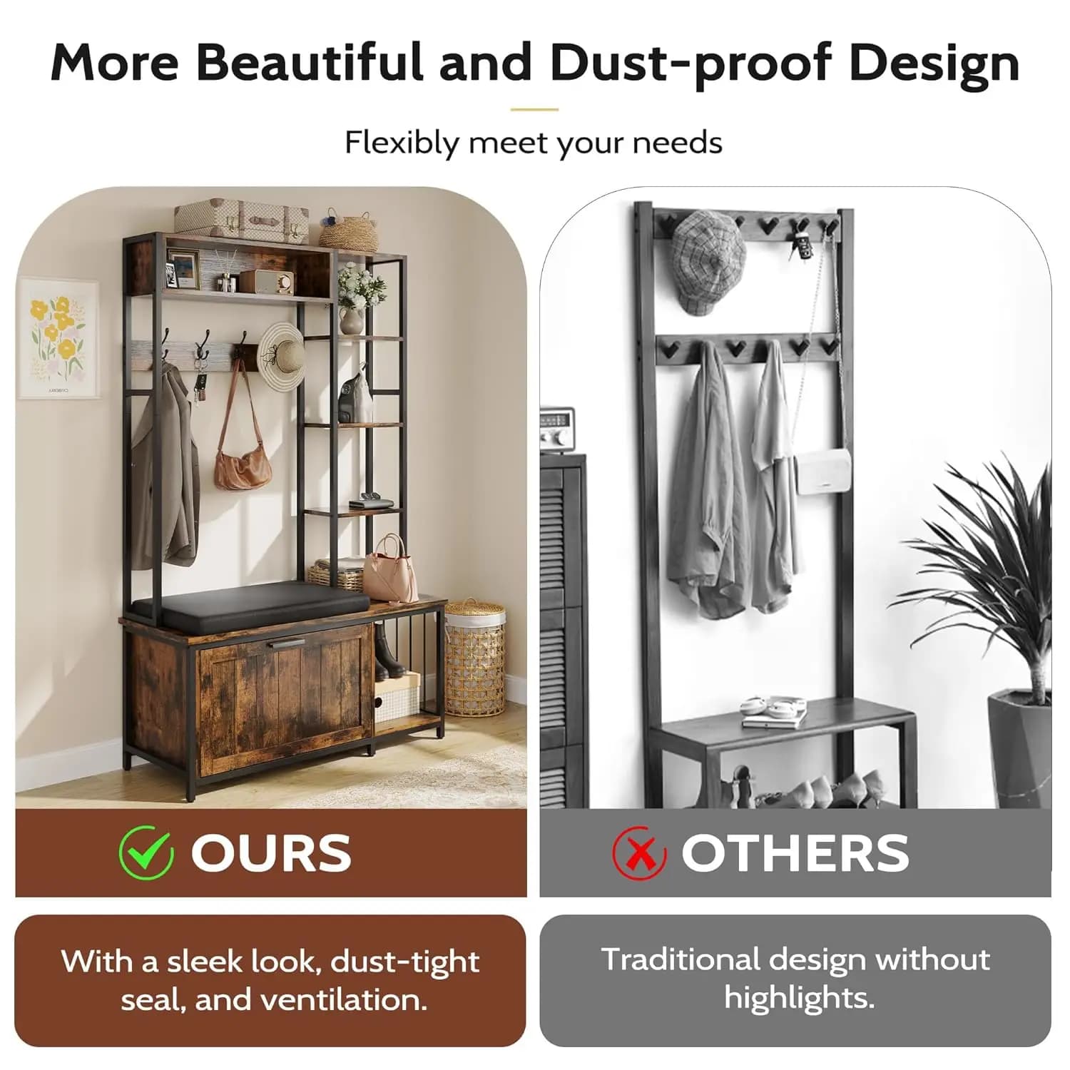 Hall Tree Coat Rack, Hall Tree With Bench and Shoe Storage Shoe With, Mud Room Storage Furniture，39.37 X 15.74 X 69.69 Inches